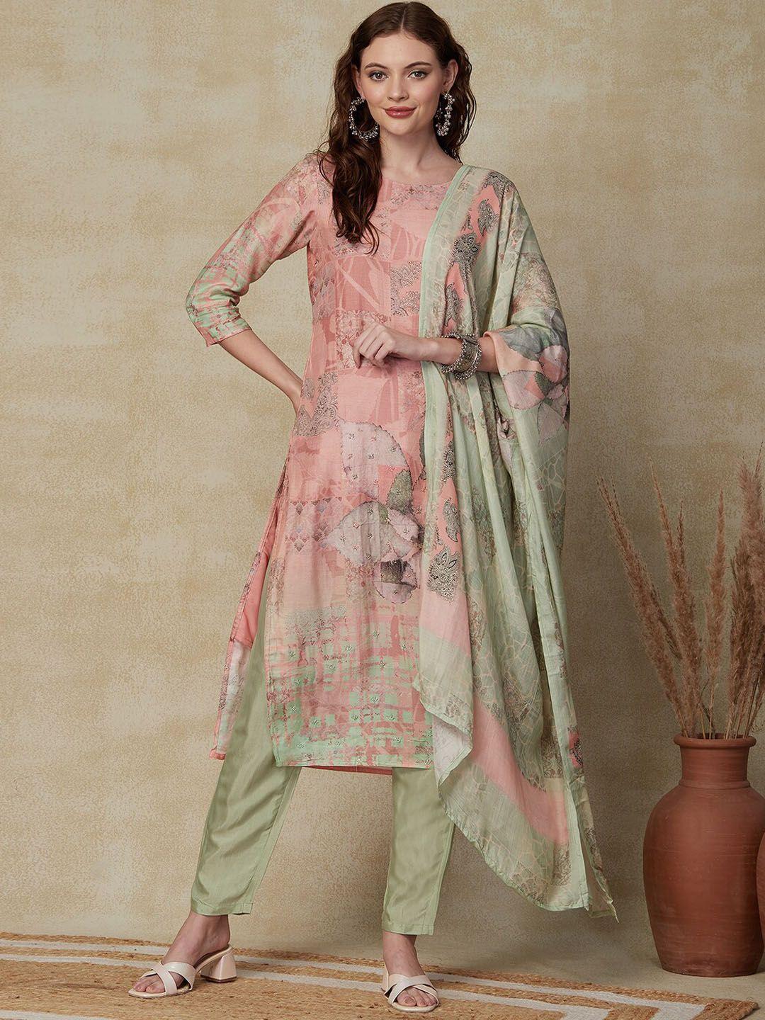 fashor ethnic motifs printed sequinned detail straight kurta & trousers with dupatta