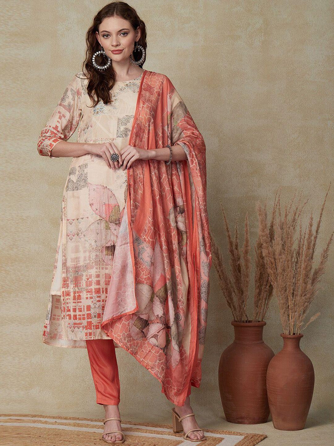 fashor ethnic motifs printed sequinned kurta & trousers with dupatta