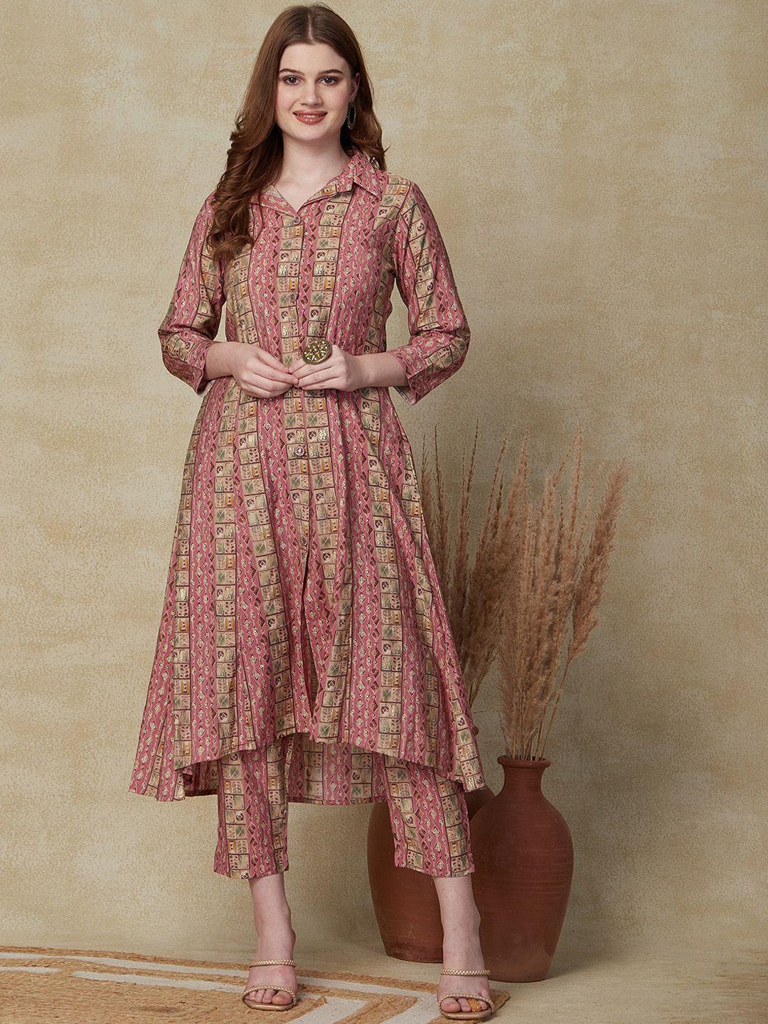 fashor ethnic motifs printed shirt collar a-line kurta with trousers