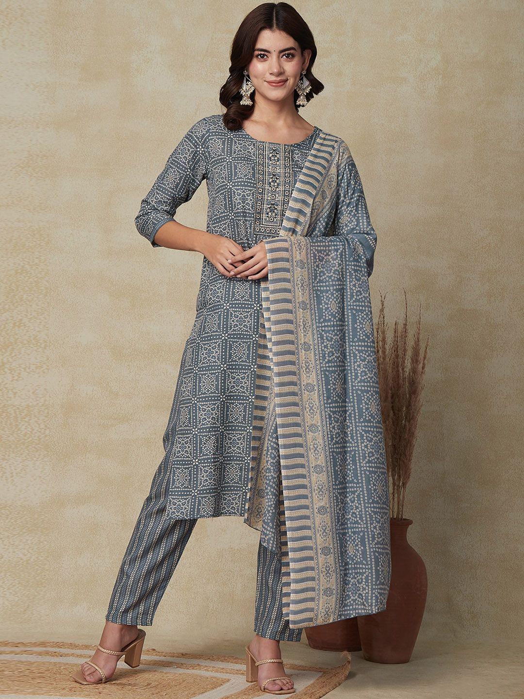 fashor ethnic motifs printed straight linen kurta with trousers & dupatta