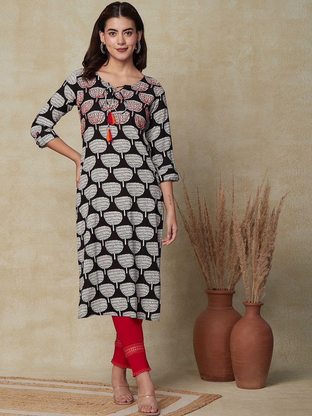 fashor ethnic motifs printed te-up neck straight kurta