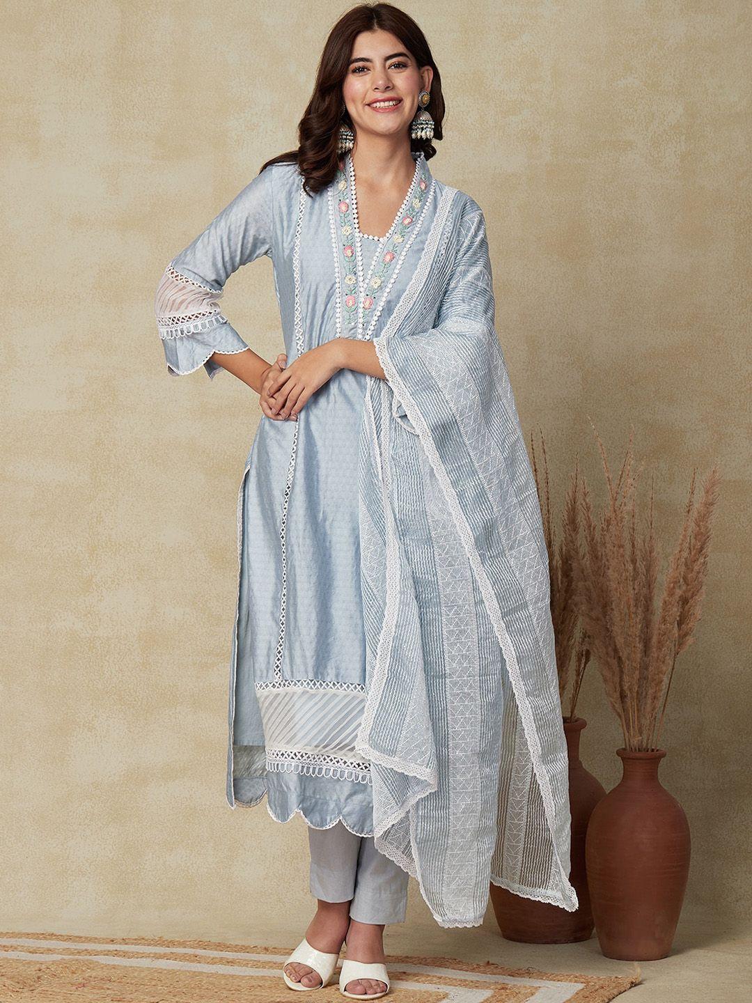 fashor ethnic motifs printed thread work pure cotton dobby kurta with trouser & dupatta