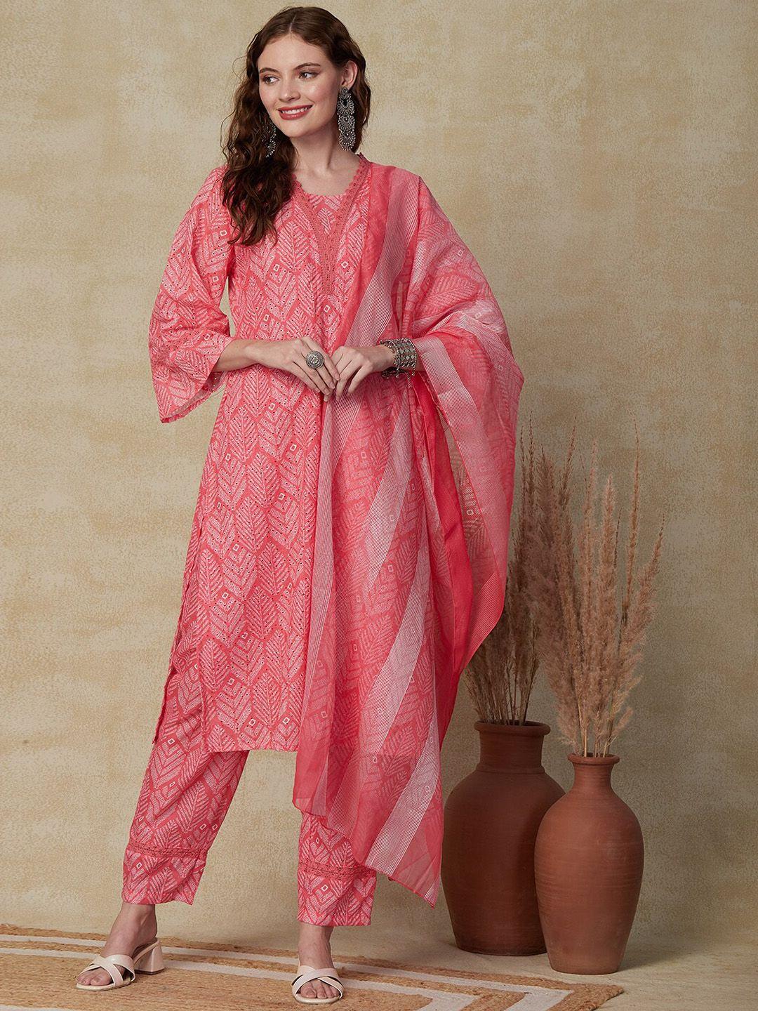 fashor ethnic motifs printed thread work pure cotton kurta with trousers & dupatta