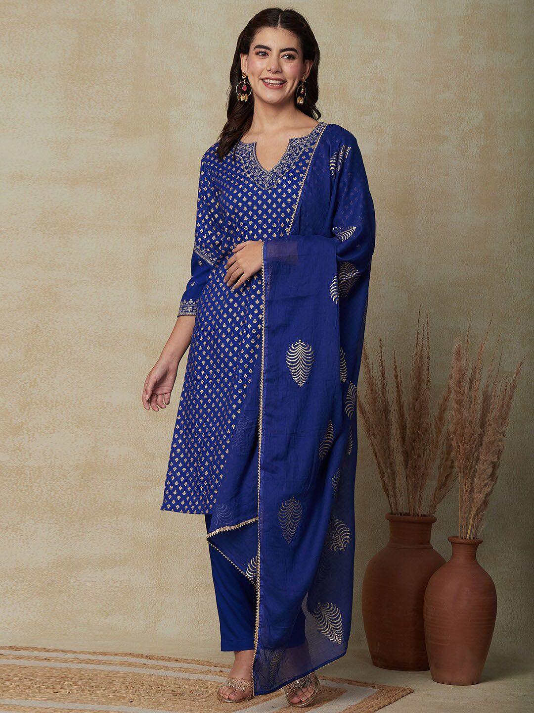 fashor ethnic motifs printed thread work straight kurta with trousers & dupatta