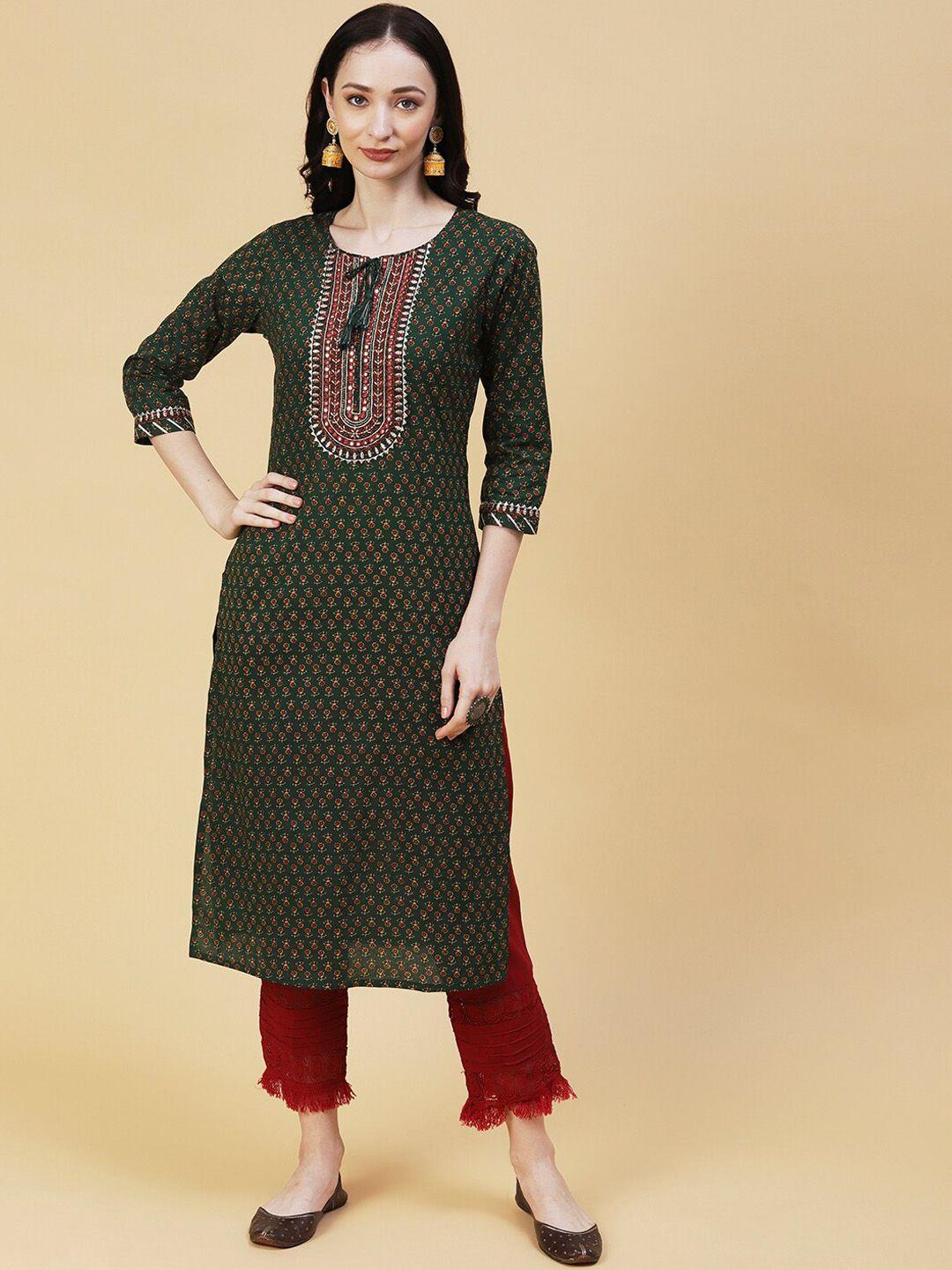 fashor ethnic motifs printed tie up neck cotton kurta