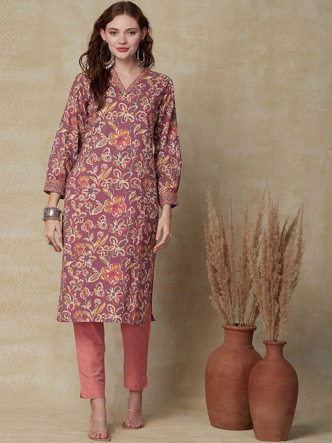 fashor ethnic motifs printed v-neck cotton straight kurta