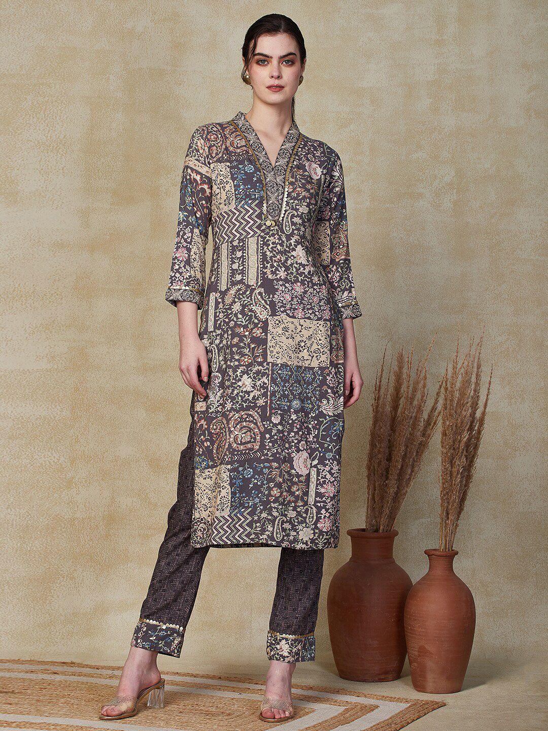 fashor ethnic motifs printed v-neck straight kurta with trousers