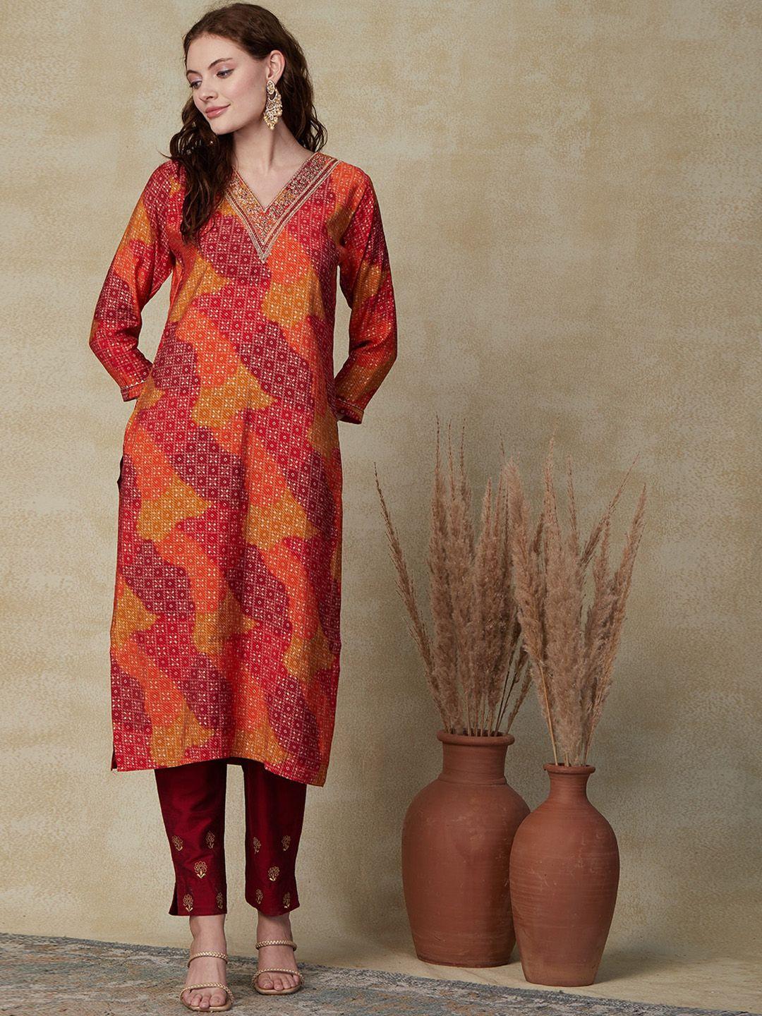 fashor ethnic motifs printed v-neck thread work straight kurta