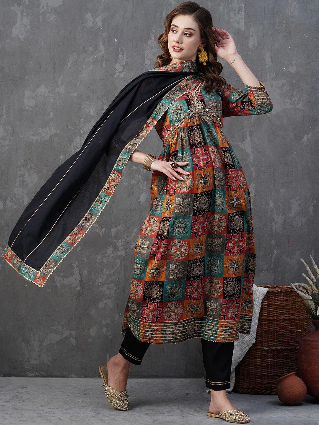 fashor ethnic motifs printed zardozi pure cotton a-line kurta with trousers & dupatta
