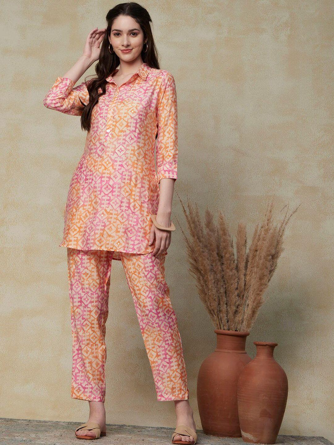 fashor ethnic printed shirt collar tunic & trouser