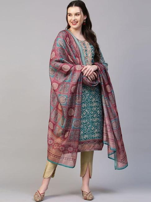 fashor ethnic sea green printed & embroidered straight kurta with dupatta