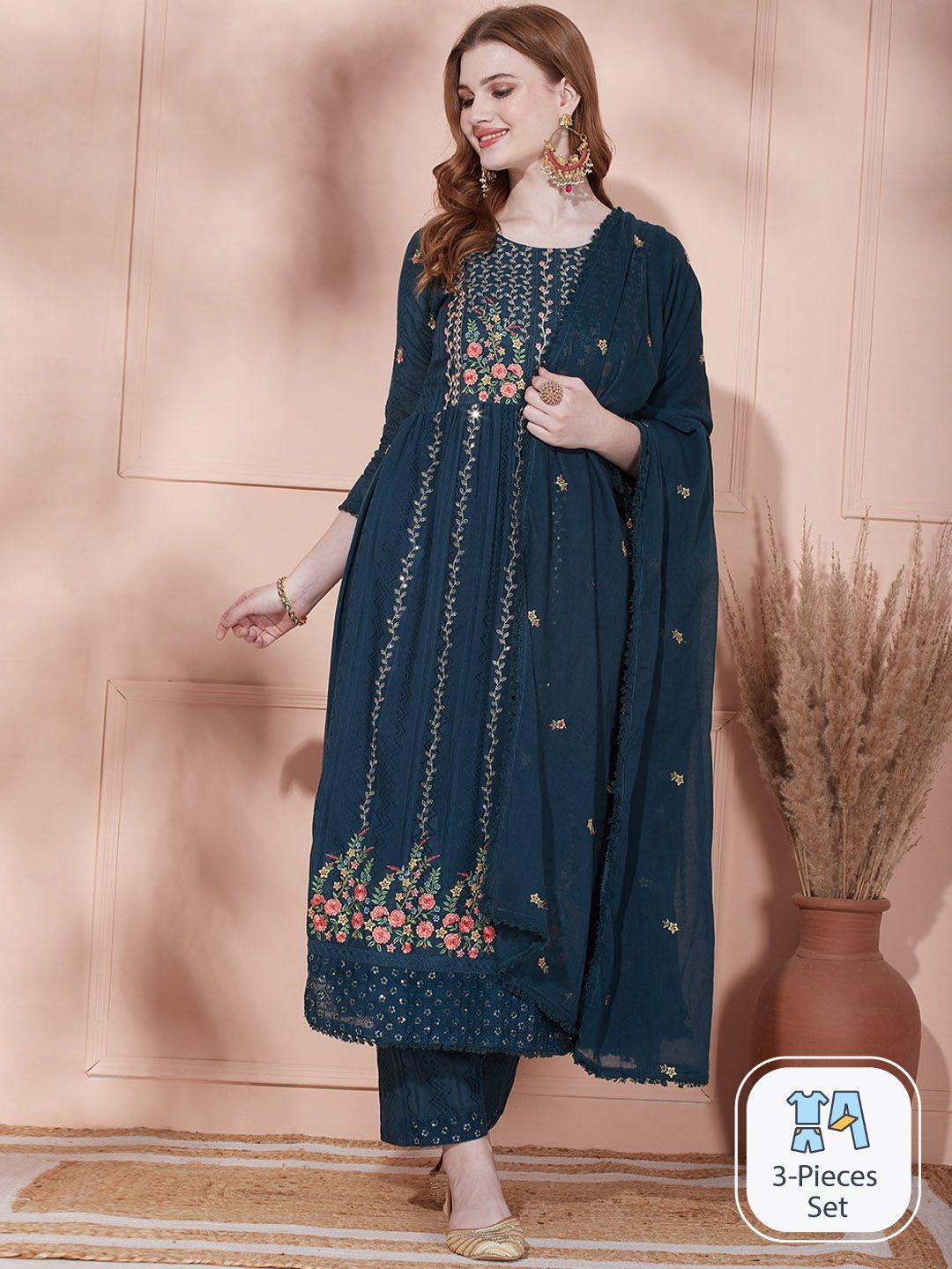 fashor floral embroidered a-line kurta & trousers with dupatta