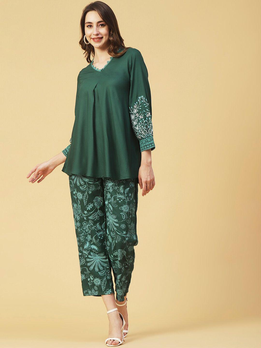fashor floral embroidered a-line top with printed trousers
