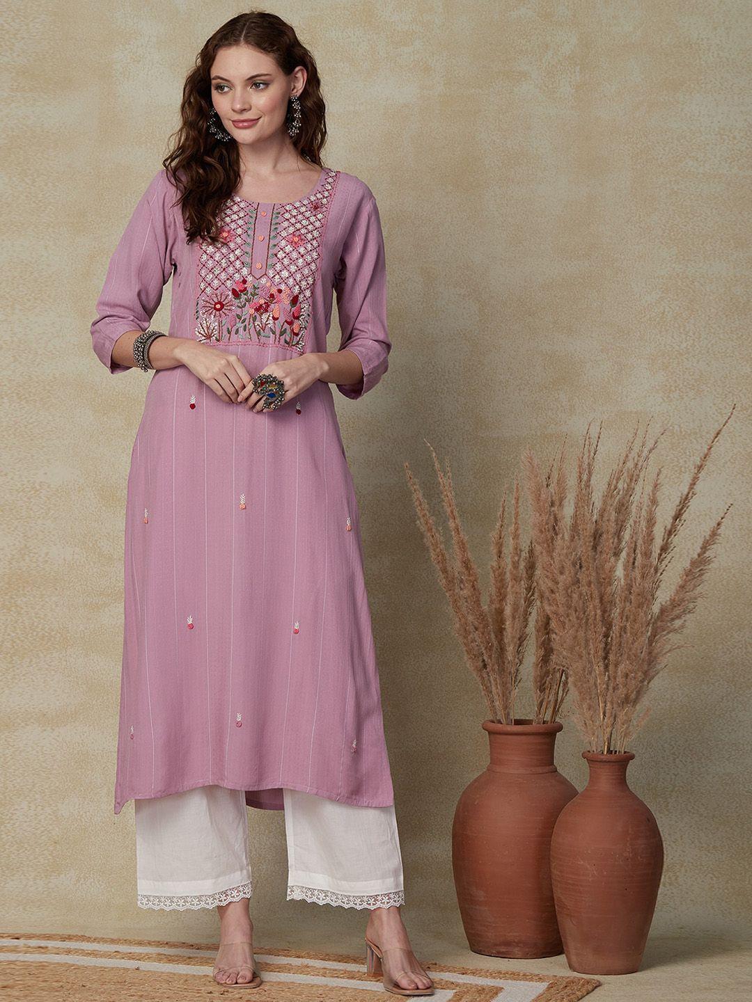 fashor floral embroidered beads & stones dobby kurta