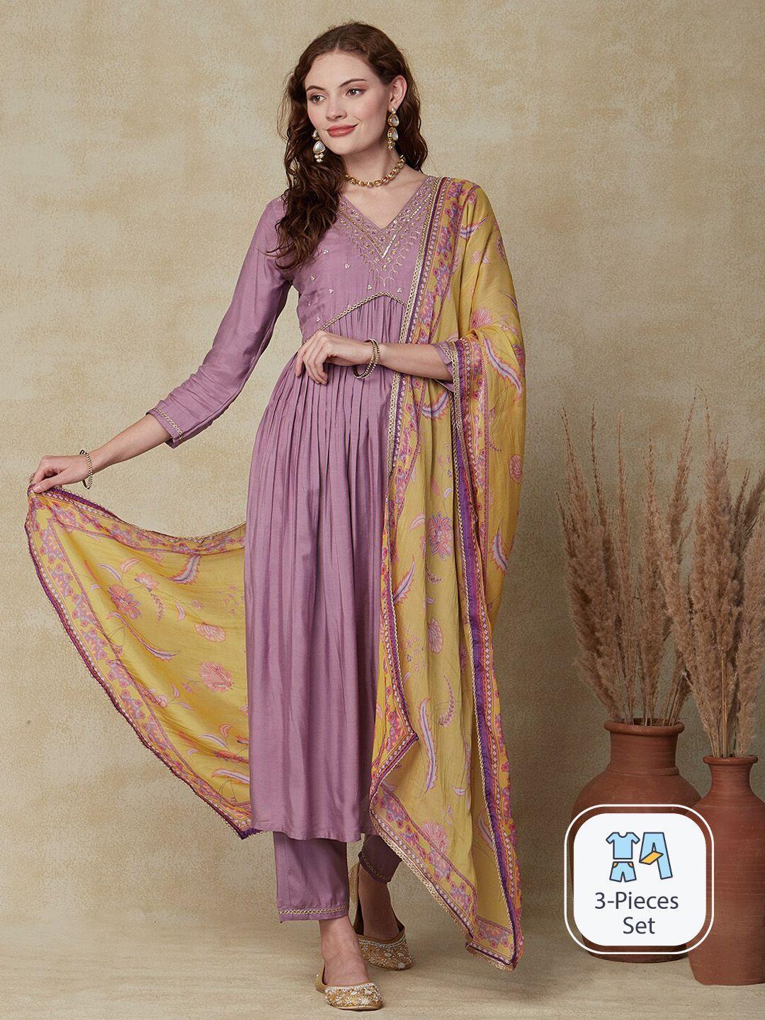 fashor floral embroidered empire thread work a-line kurta with trousers & with dupatta