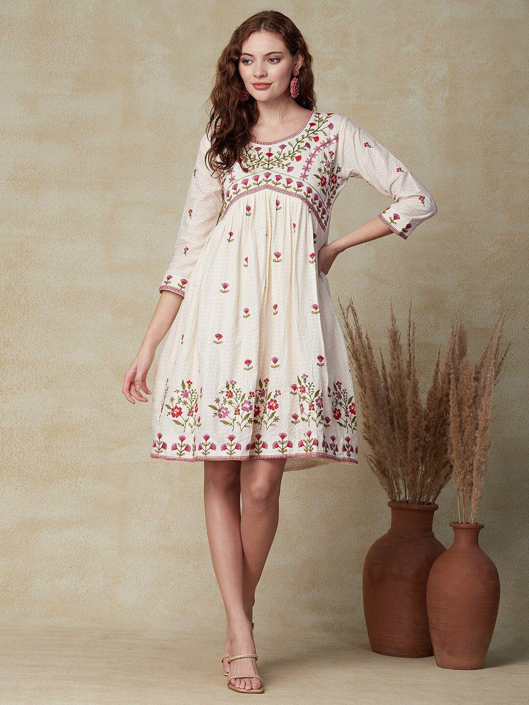 fashor floral embroidered gathered cotton empire dress