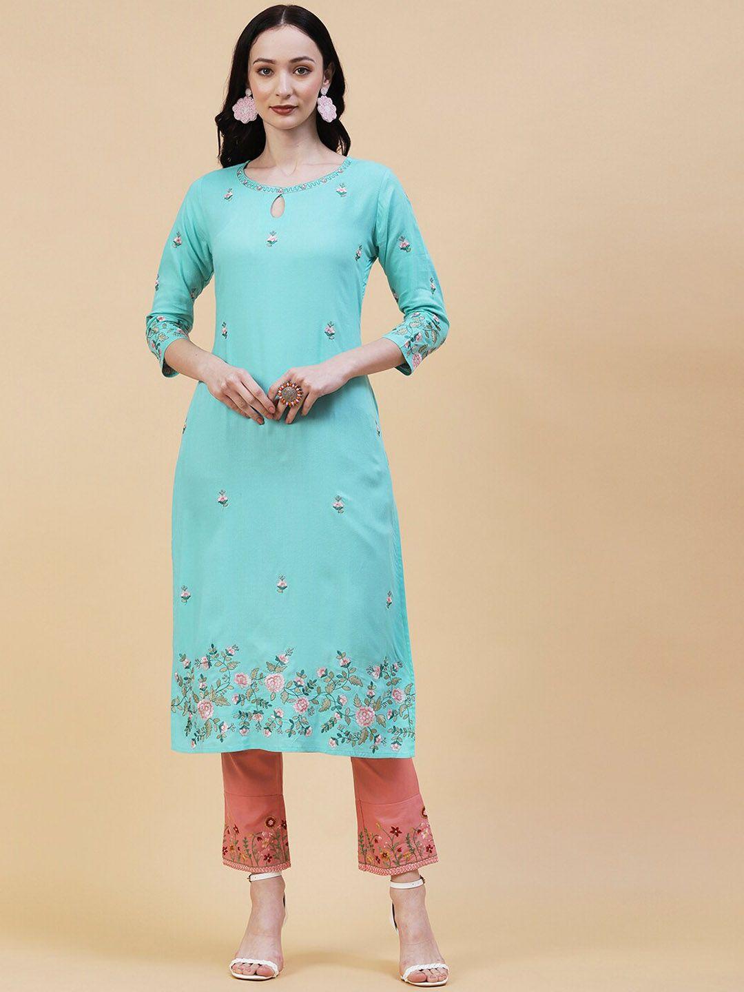 fashor floral embroidered keyhole neck straight kurta