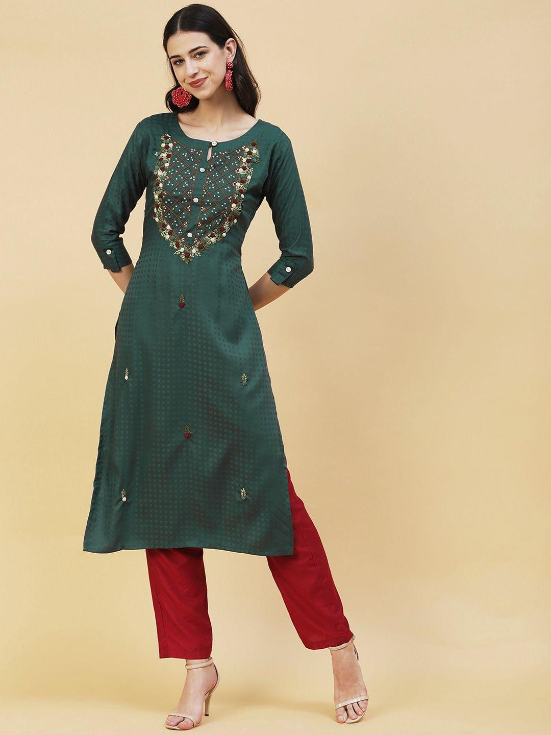 fashor floral embroidered keyhole neck thread work floral kurta