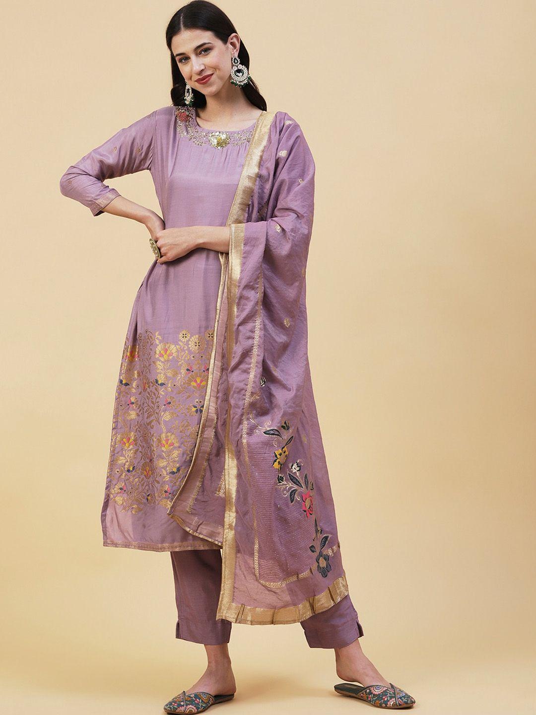fashor floral embroidered kurta with trousers &dupatta