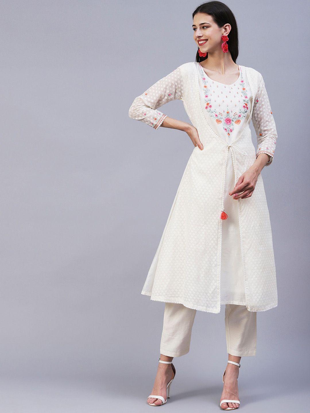 fashor floral embroidered layered a-line chanderi cotton kurta with trousers