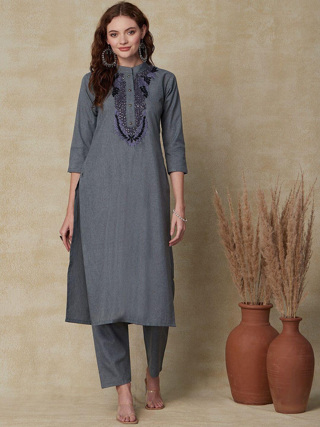 fashor floral embroidered mandarin collar sequinned straight kurta with trousers