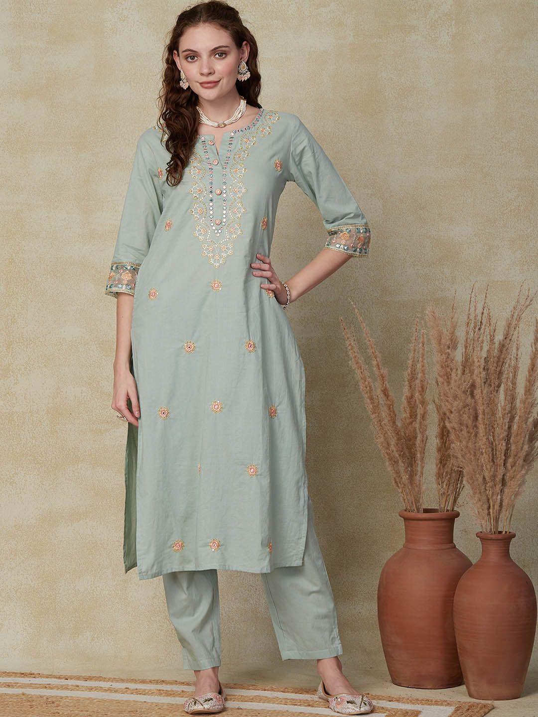 fashor floral embroidered mirror work pure cotton straight kurta with trouser
