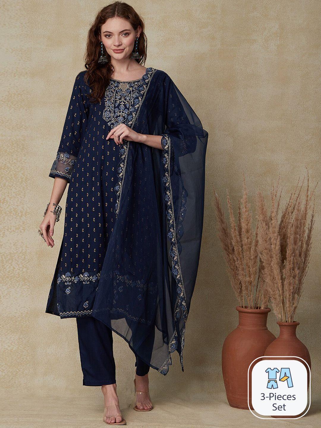 fashor floral embroidered mirror work straight kurta with trousers & dupatta