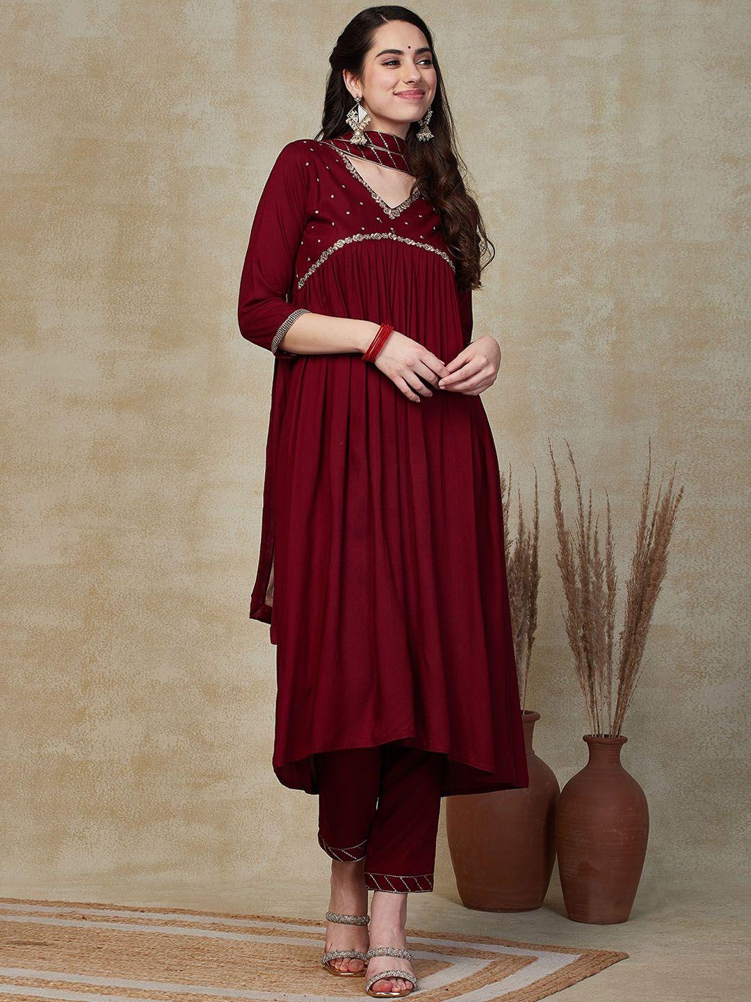 fashor floral embroidered pleated a-line kurta with trousers & with dupatta