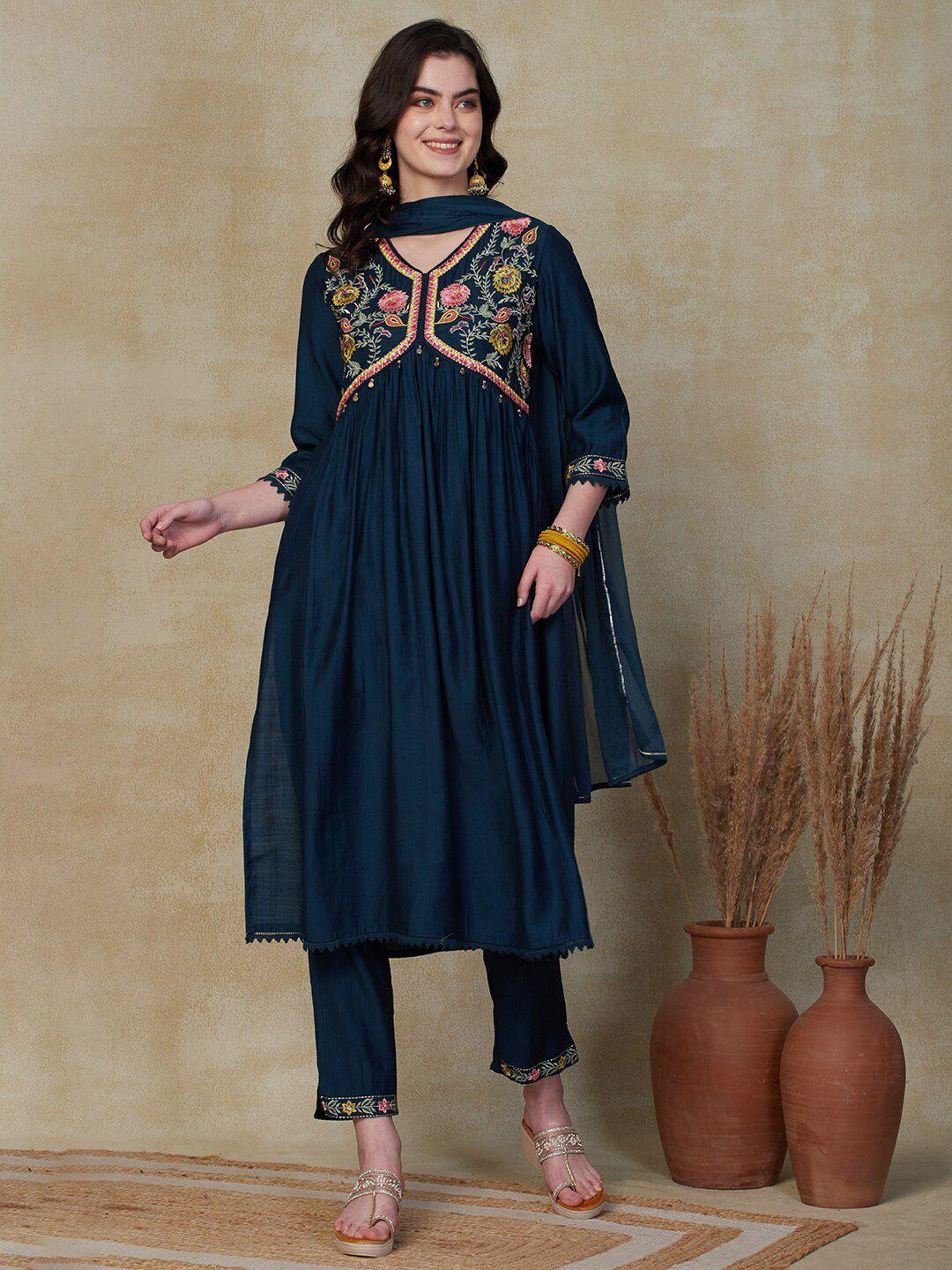 fashor floral embroidered pleated kurta with trousers & dupatta