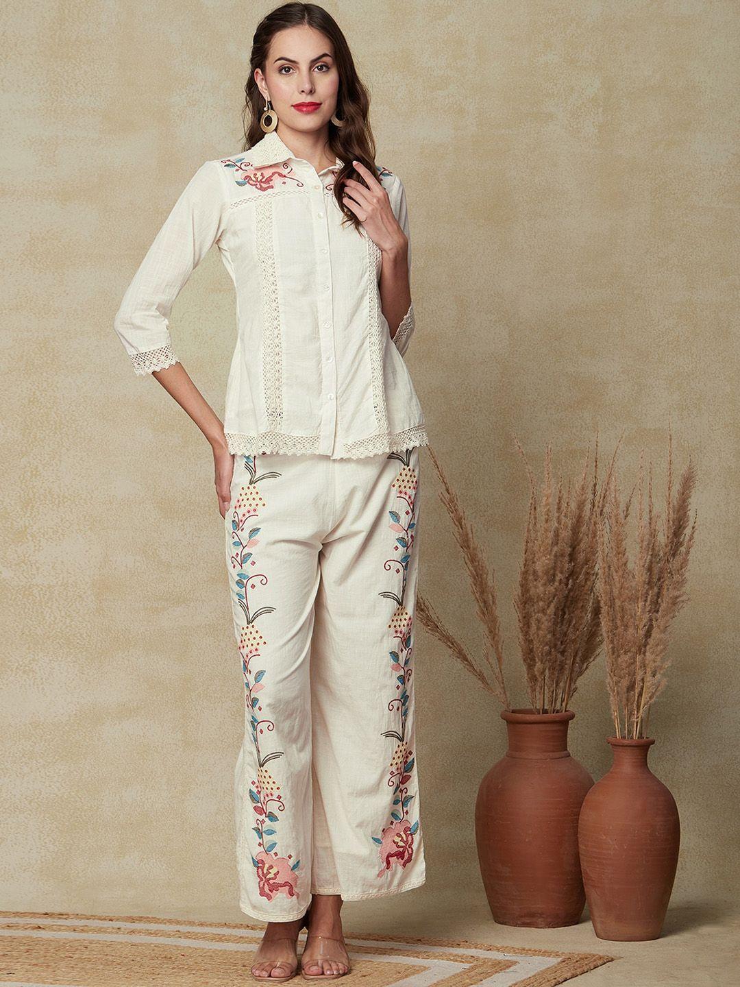 fashor floral embroidered pure cotton shirt with palazzos co-ords