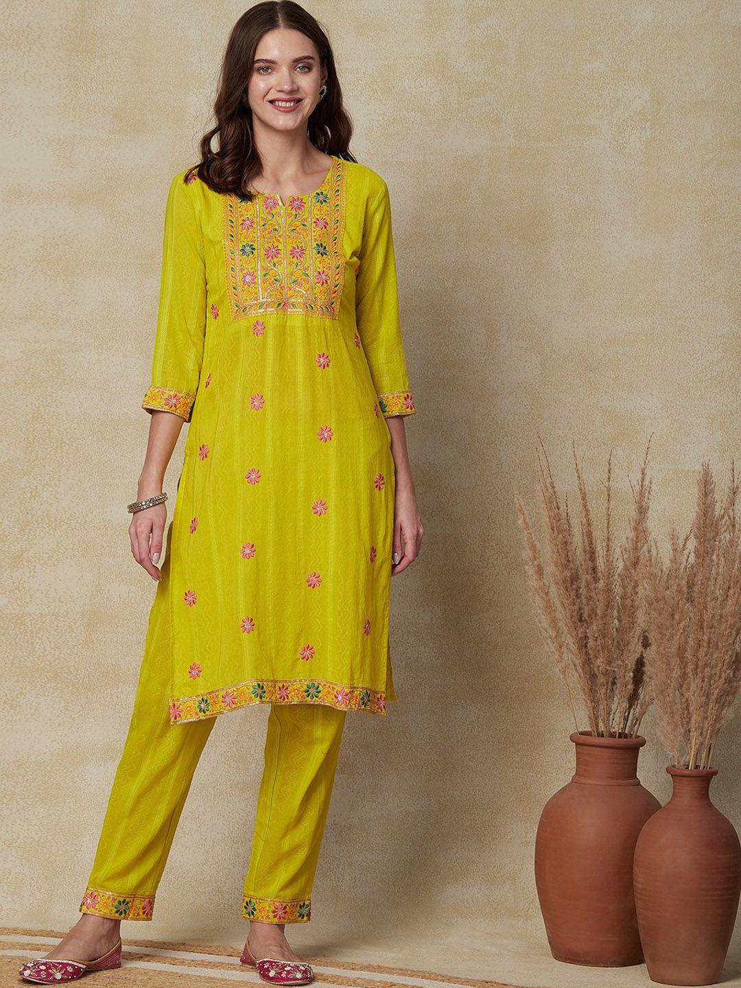 fashor floral embroidered pure cotton straight kurta with trouser