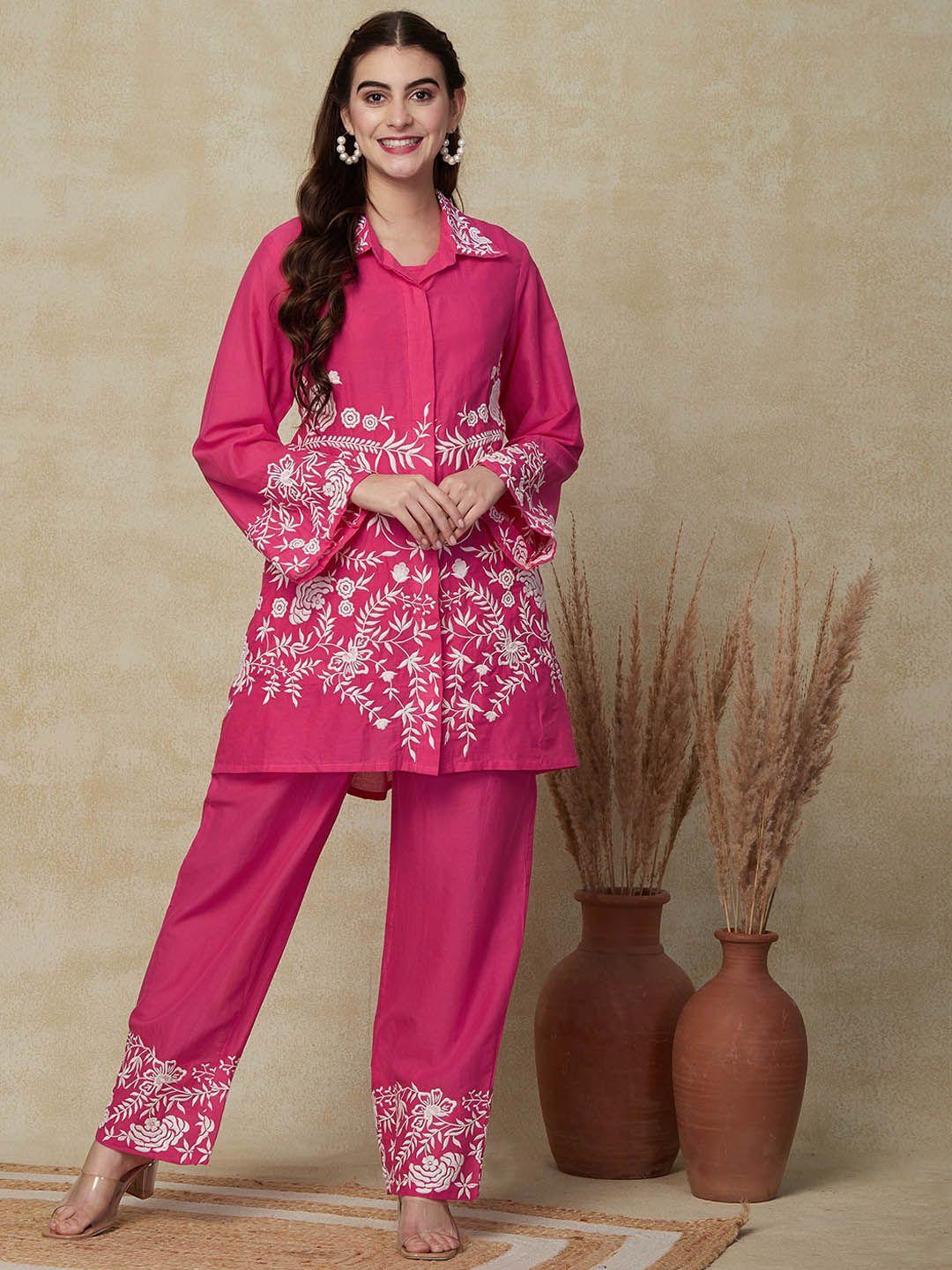 fashor floral embroidered pure cotton tunic with trousers