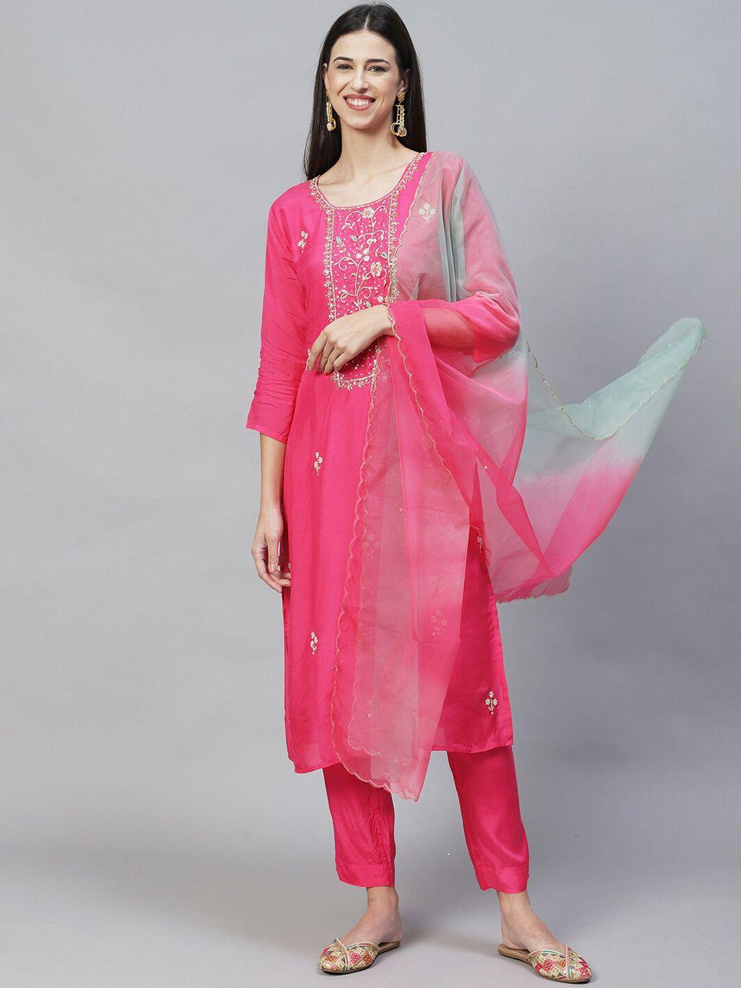 fashor floral embroidered regular kurta with trousers & dupatta