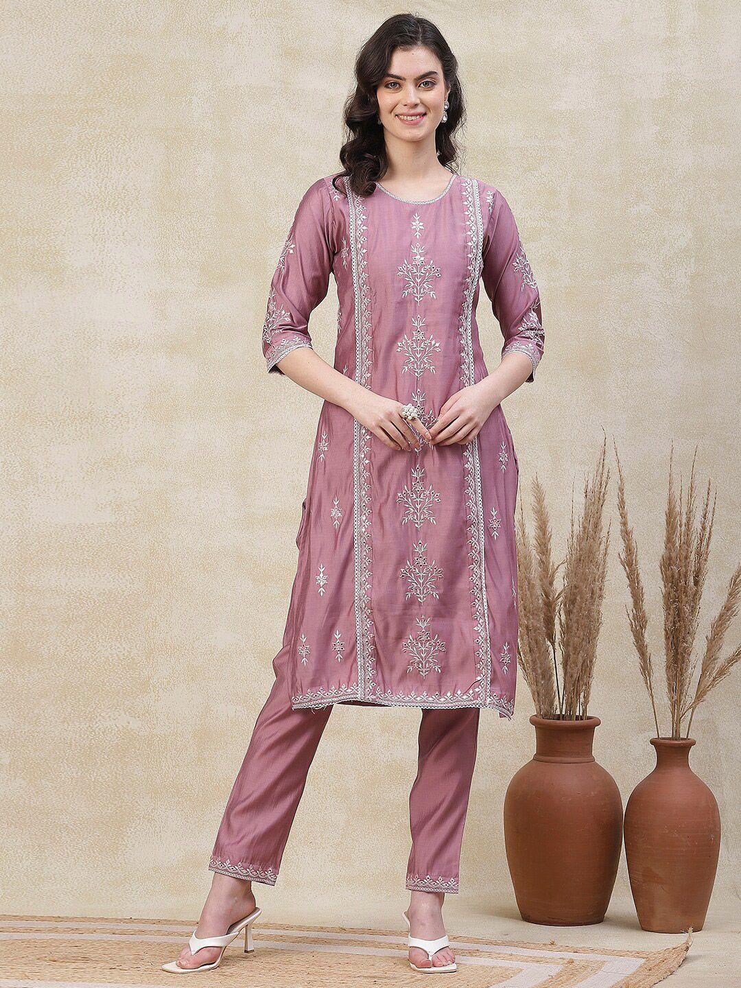 fashor floral embroidered regular mirror work straight kurta with trousers & dupatta