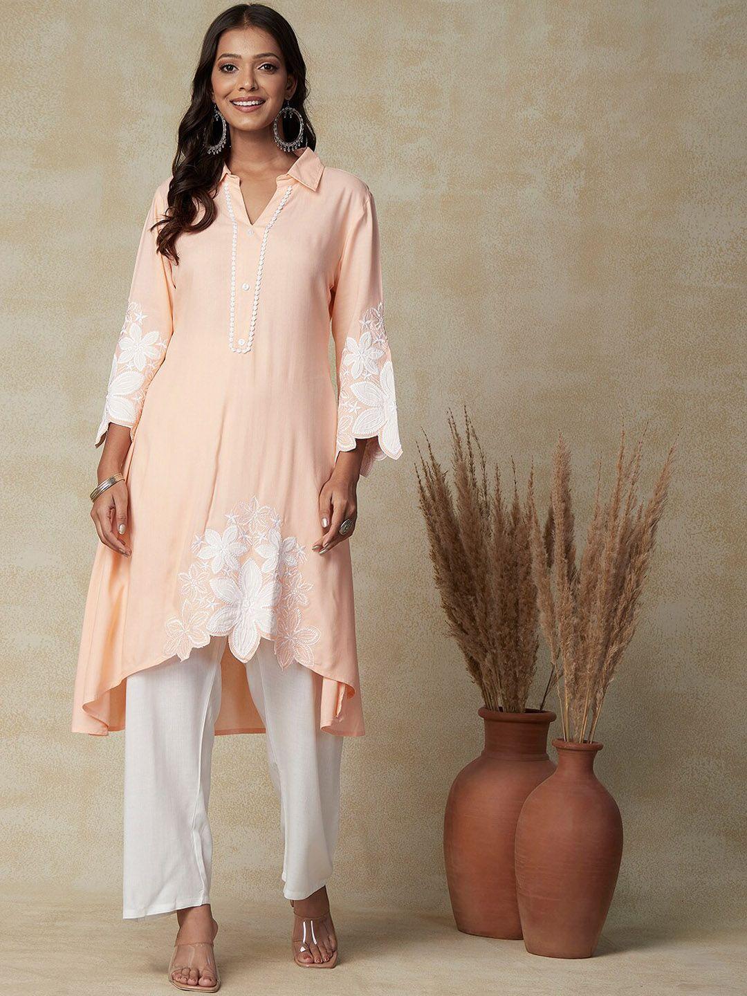 fashor floral embroidered regular thread work asymmetric kurta with trousers