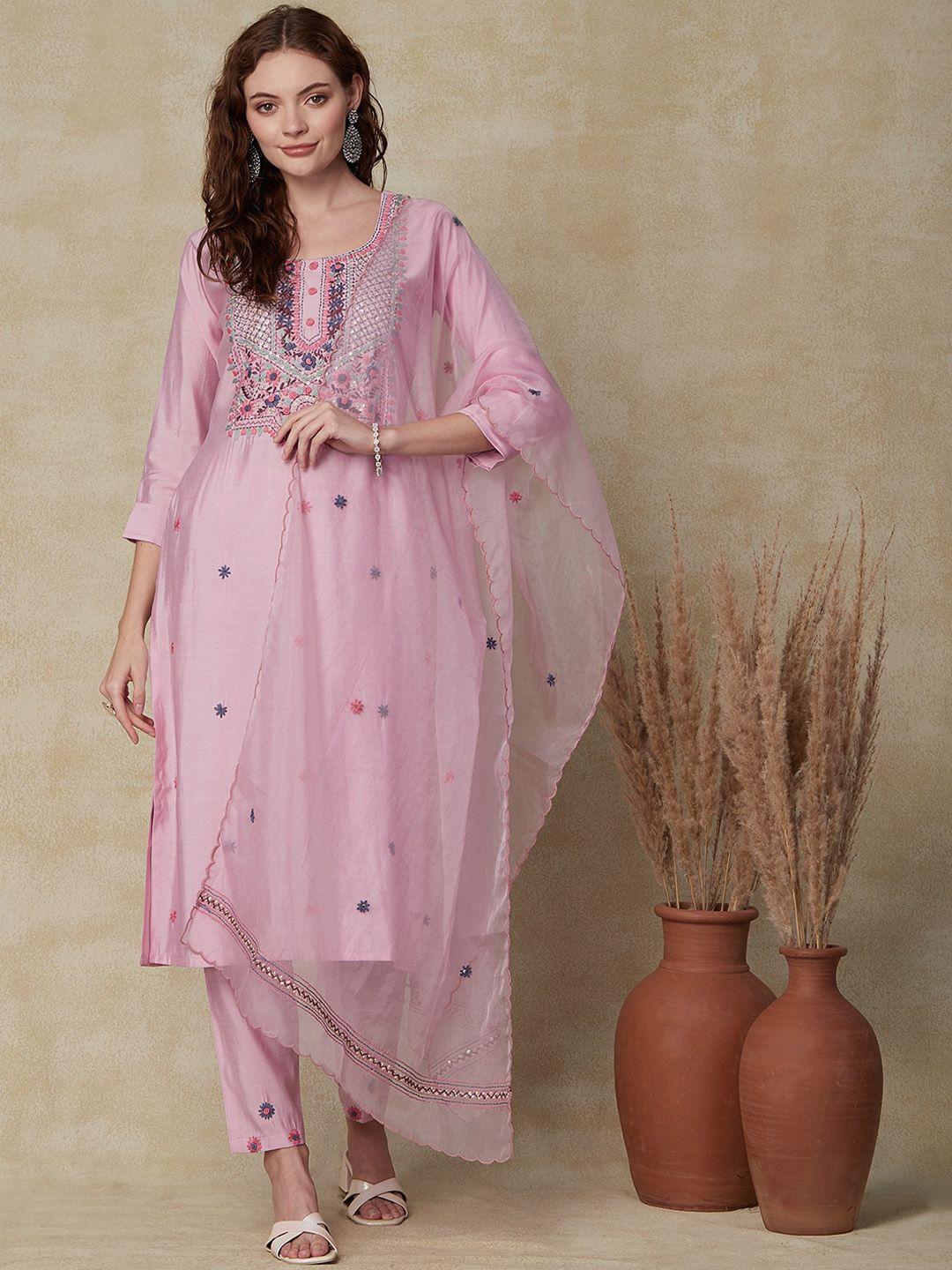 fashor floral embroidered round neck sequined straight kurta with trousers & dupatta