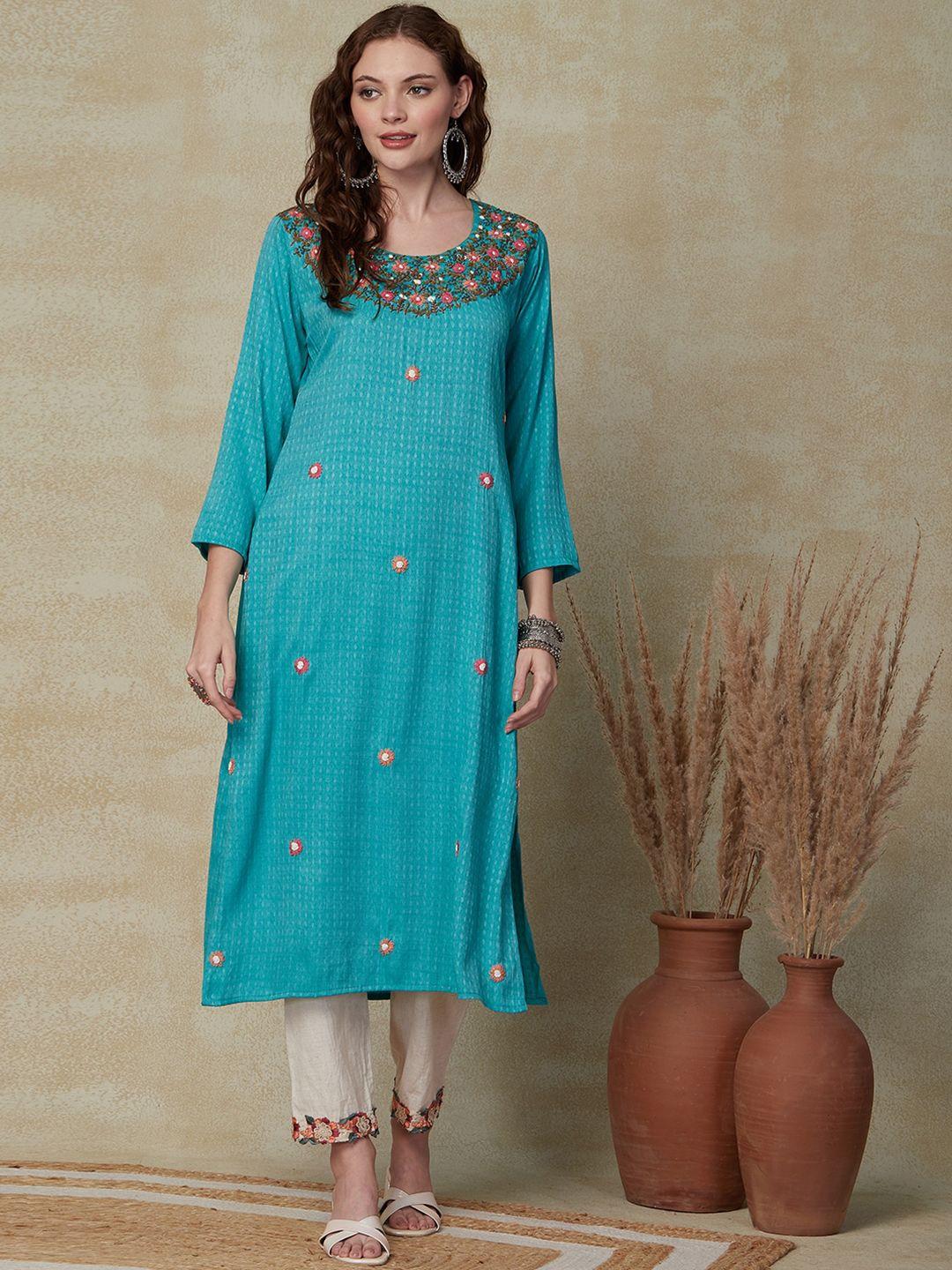 fashor floral embroidered round neck straight kurta