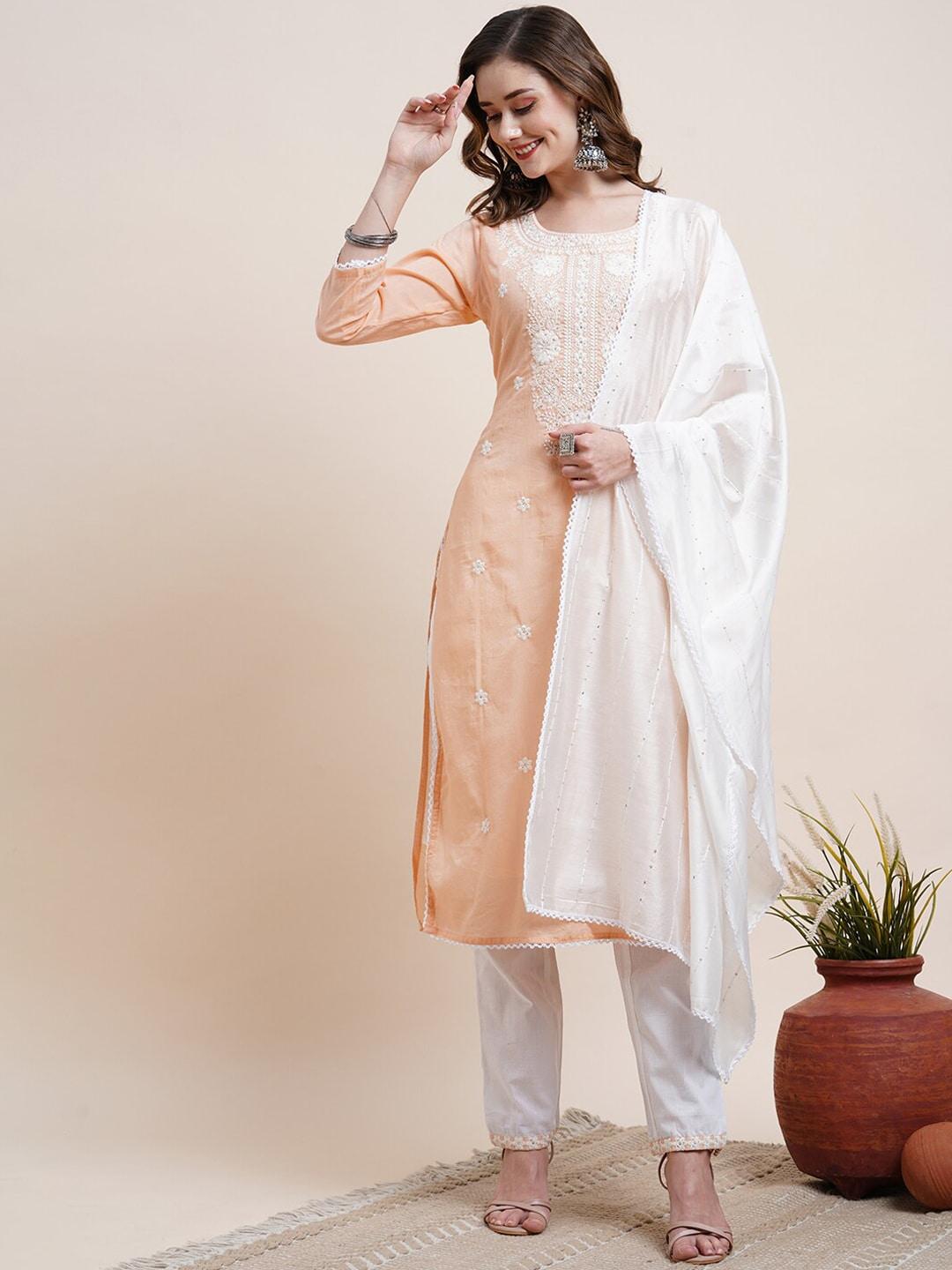 fashor floral embroidered sequined pure cotton kurta with trousers & dupatta