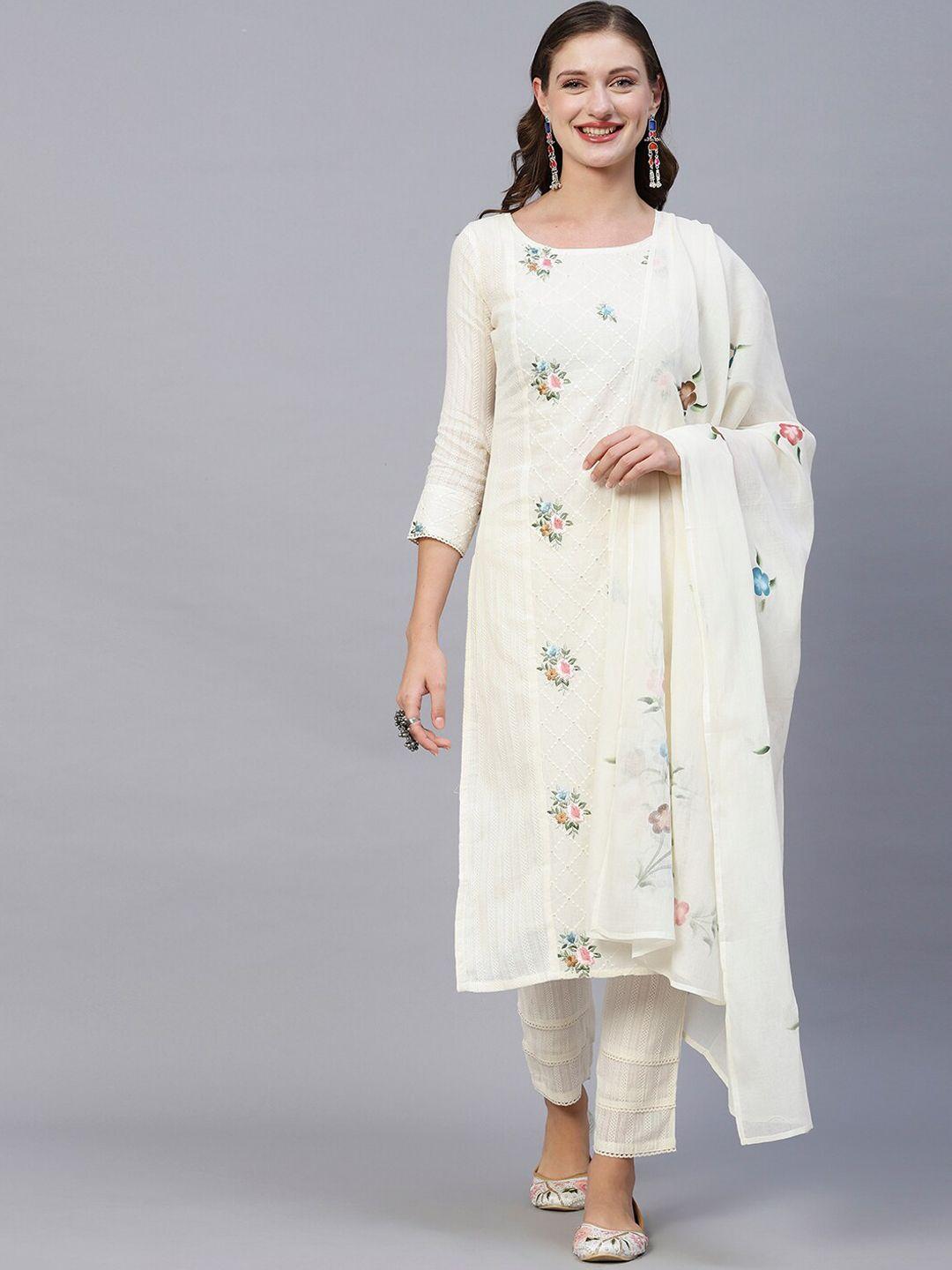 fashor floral embroidered sequinned pure cotton kurta with trousers & dupatta