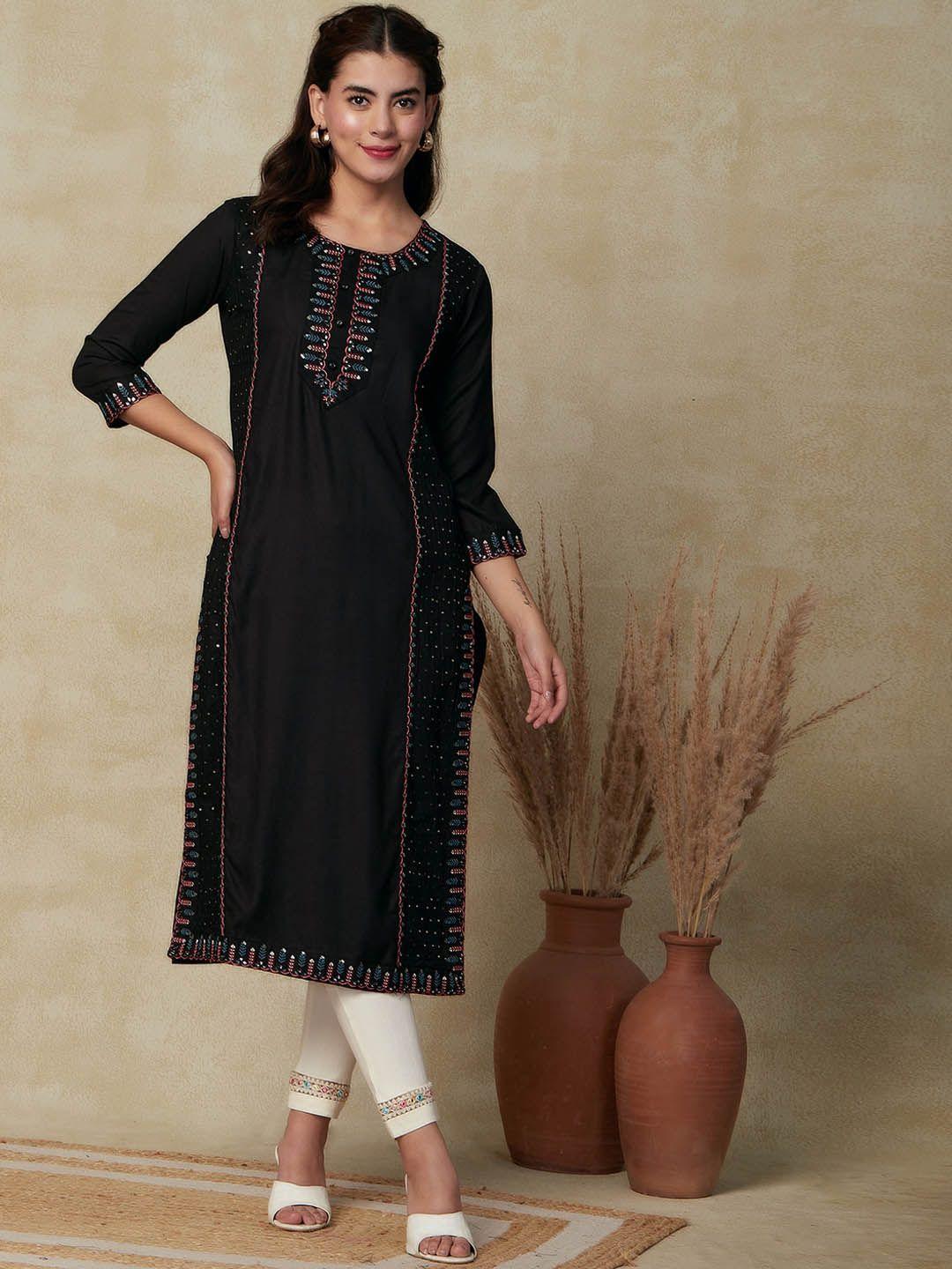 fashor floral embroidered sequinned straight kurta