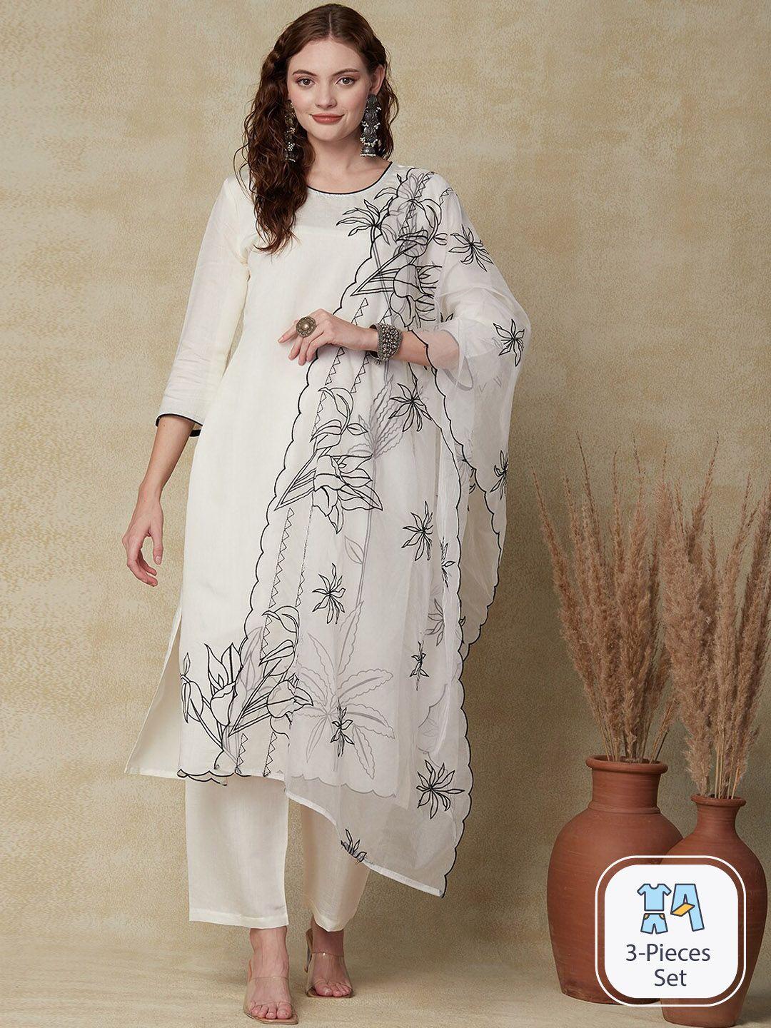 fashor floral embroidered straight kurta & palazzos with dupatta