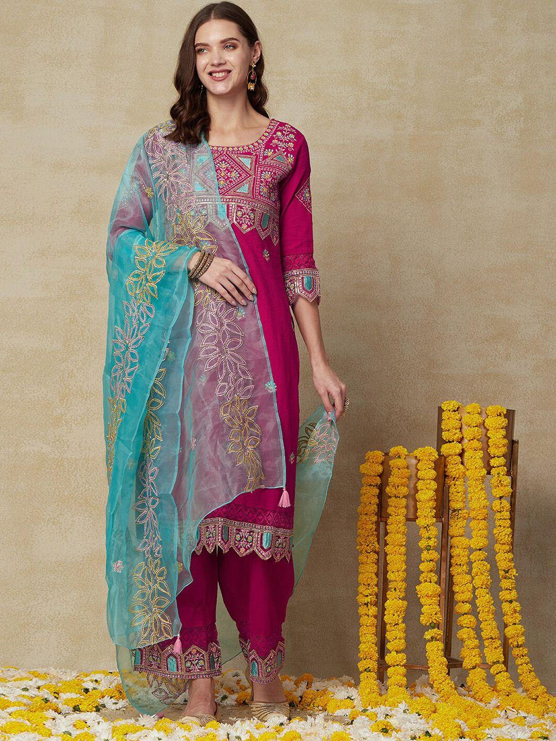 fashor floral embroidered straight kurta with palazzos & with dupatta