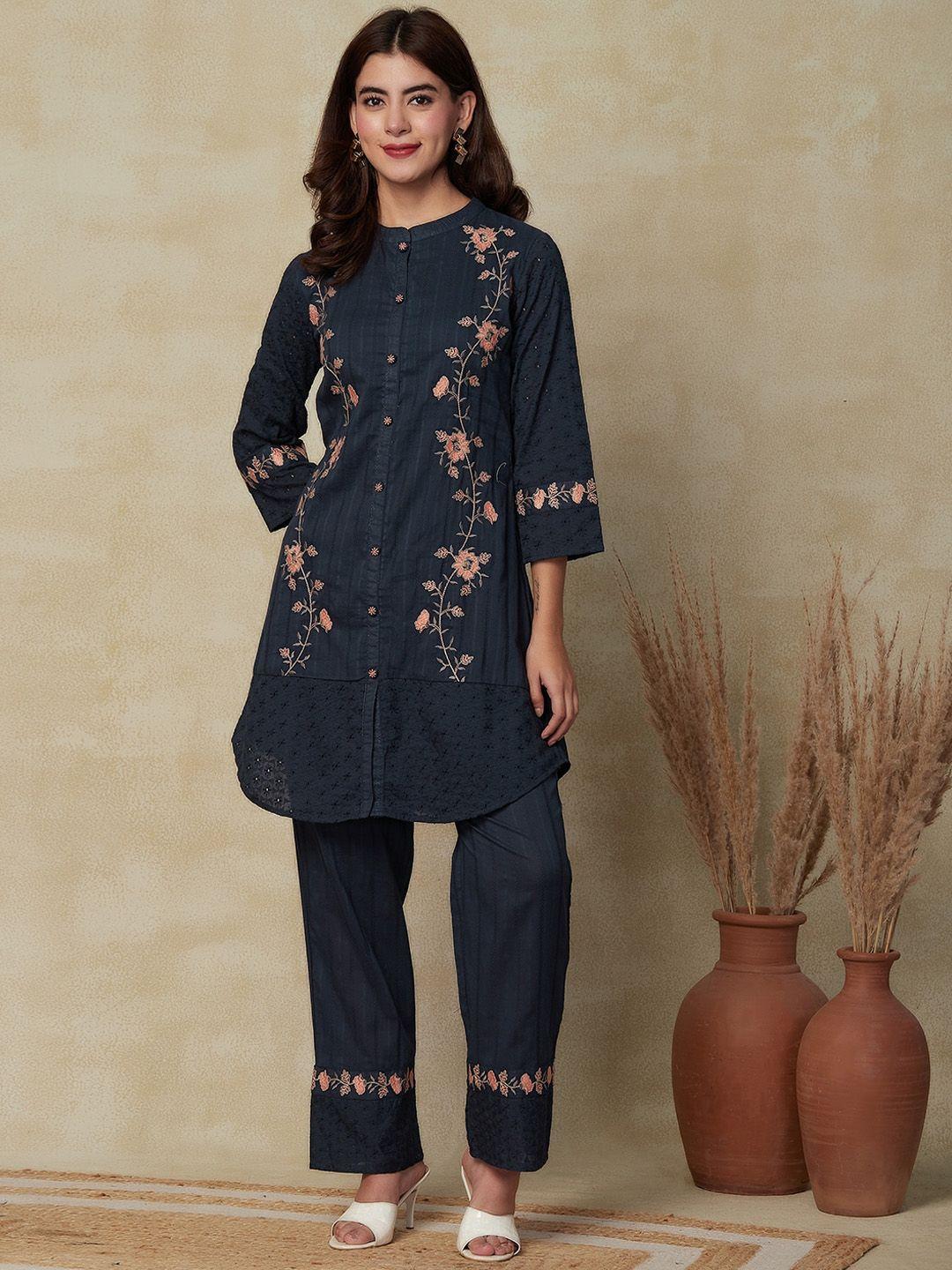 fashor floral embroidered straight kurta with trousers