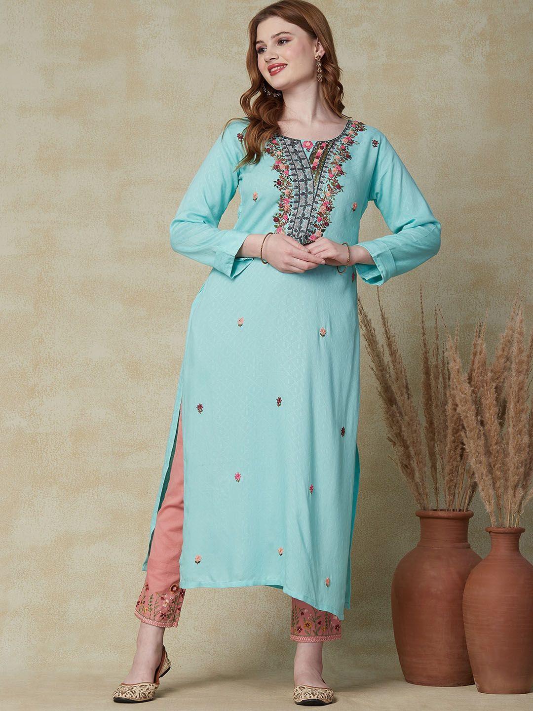 fashor floral embroidered thread work straight kurta