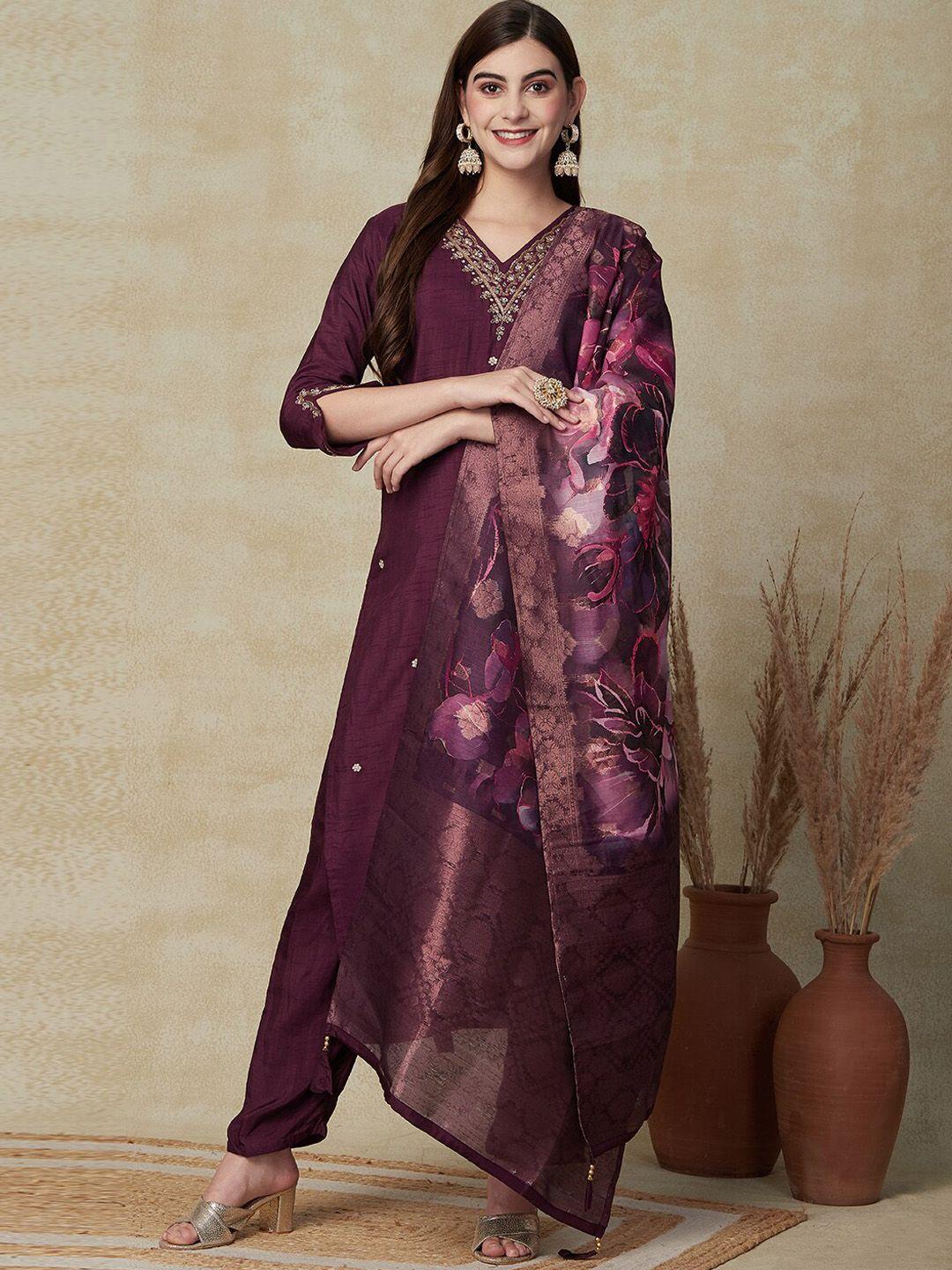fashor floral embroidered v-neck beads & stones kurta with trousers & dupatta