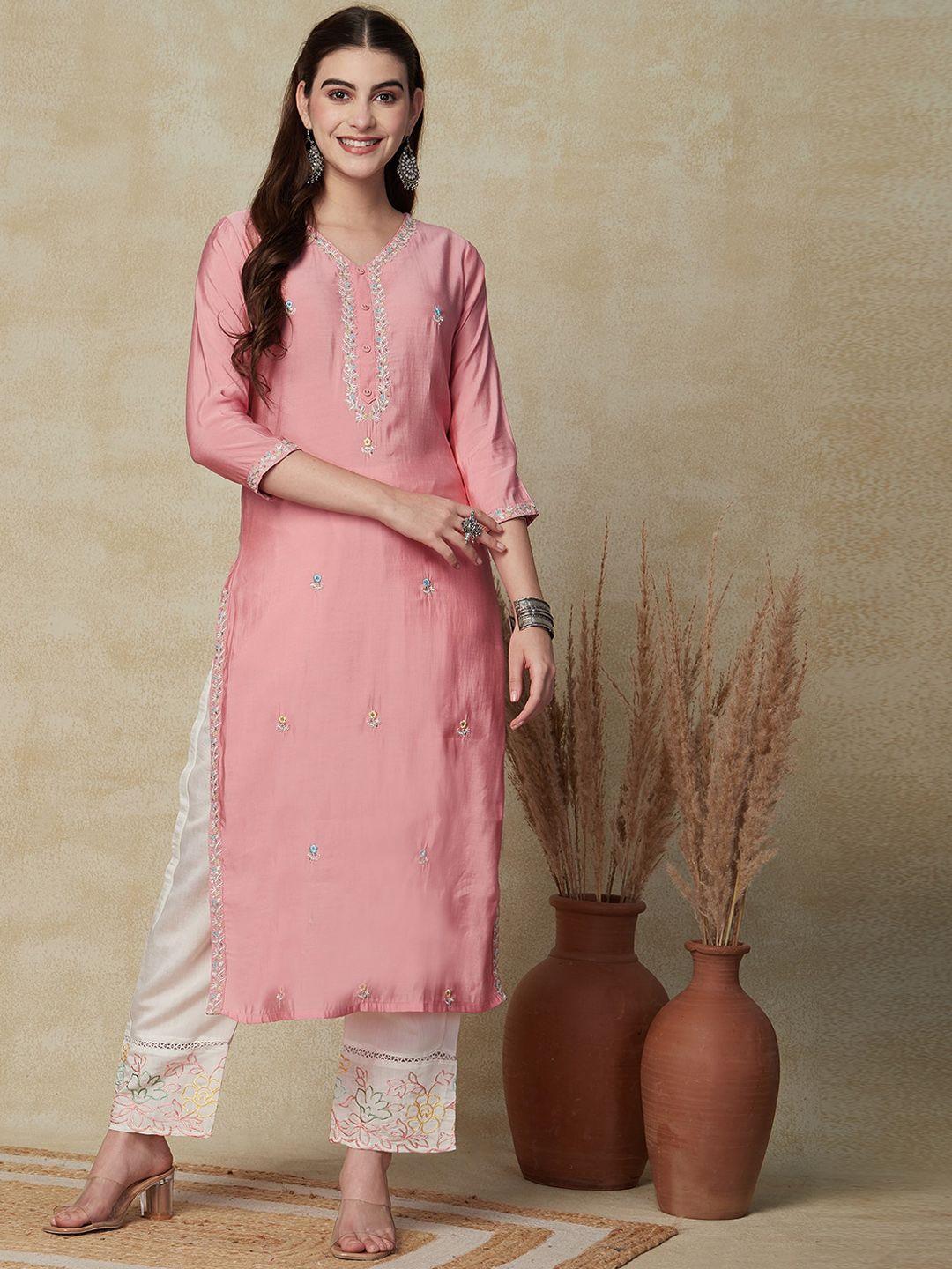 fashor floral embroidered v-neck muslin silk straight kurta