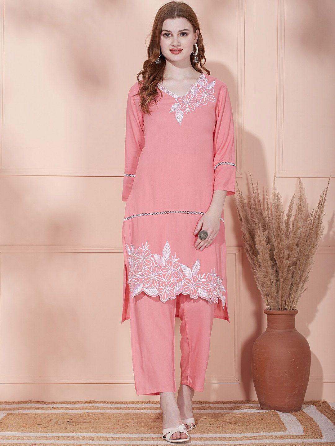 fashor floral embroidered v-neck straight kurta with palazzos