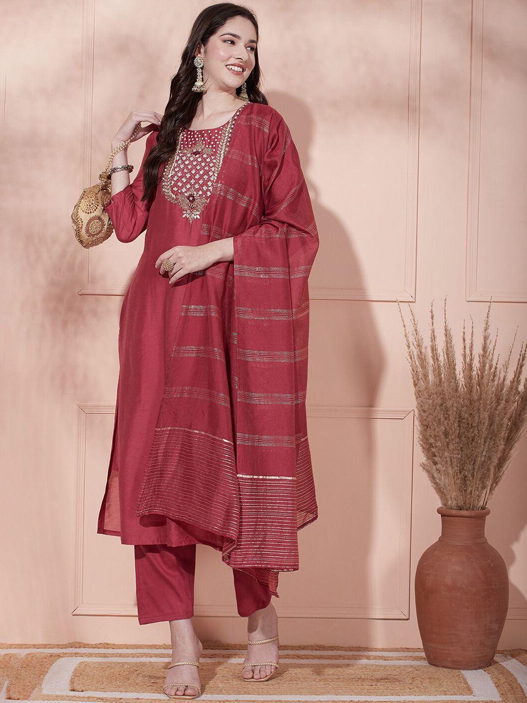 fashor floral embroidered yoke design straight kurta with trousers & dupatta