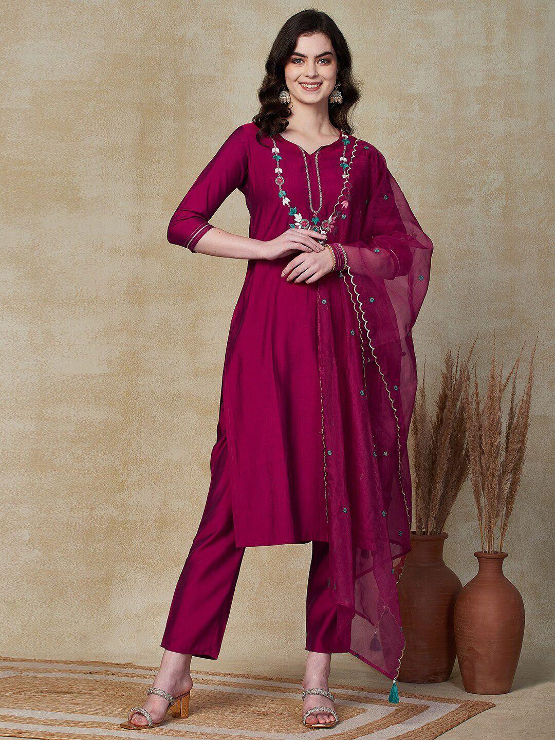 fashor floral embroidered yoke design straight kurta with trousers & dupatta