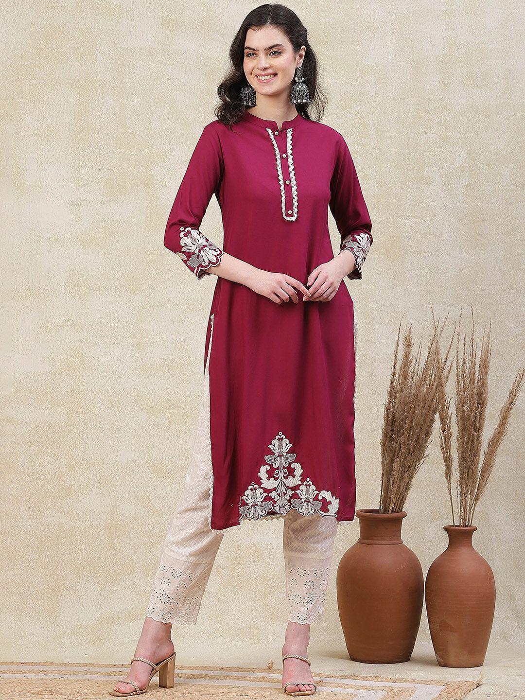 fashor floral embroidered zari mandarin collar a-line kurta